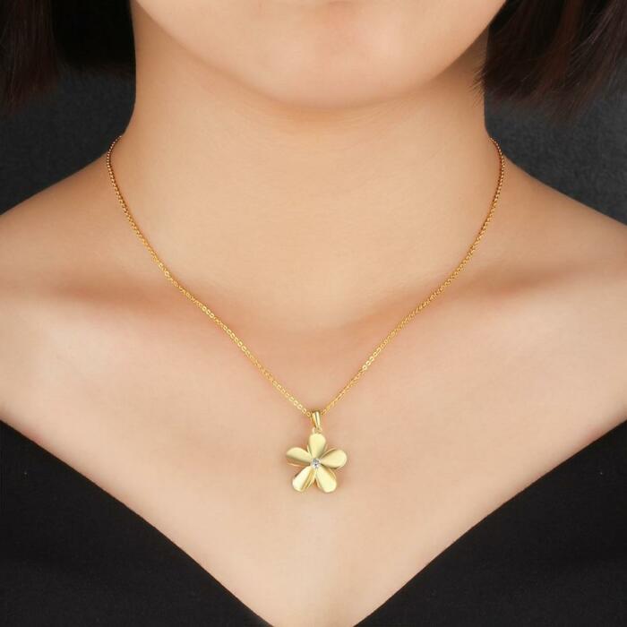 Gold Color Flower Pendant Necklace with Zirconia