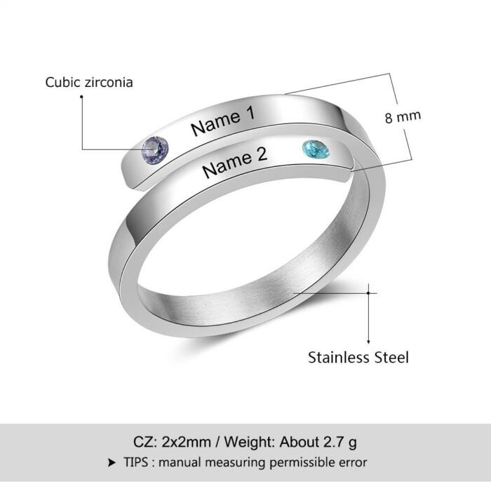 Personalized Couple Wrap Ring - Two Custom Names - Two Custom Birthstone - Engraved Rings