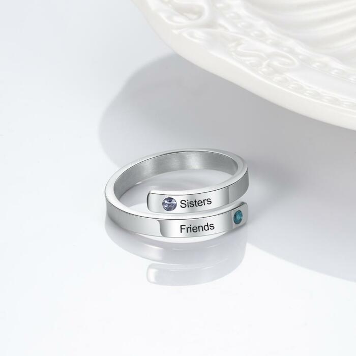 Personalized Couple Wrap Ring - Two Custom Names - Two Custom Birthstone - Engraved Rings