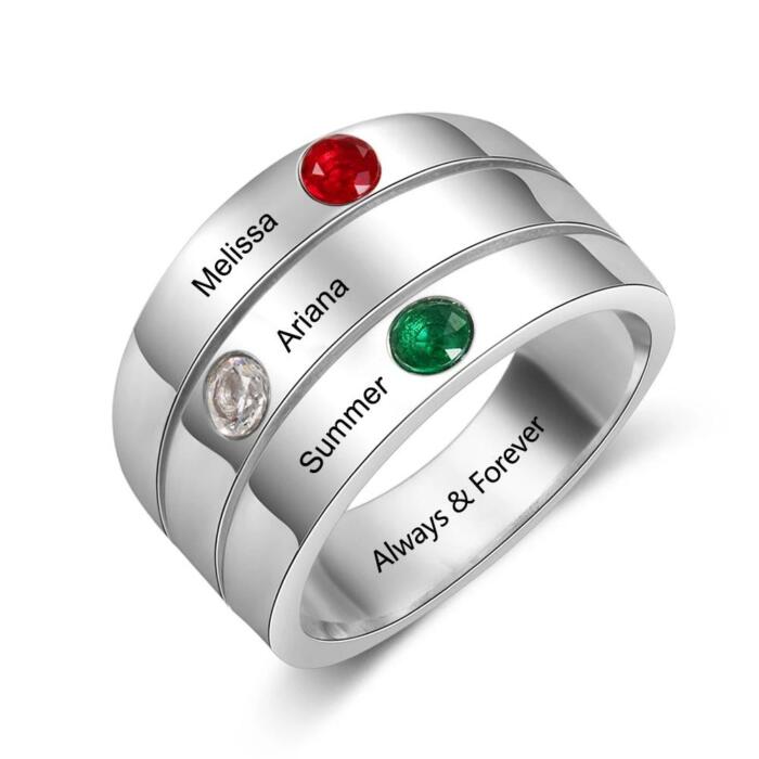 Unisex Personalized Stackable Ring, Engrave Three Custom Name & Birthstones, Best for BFF, Family & Siblings