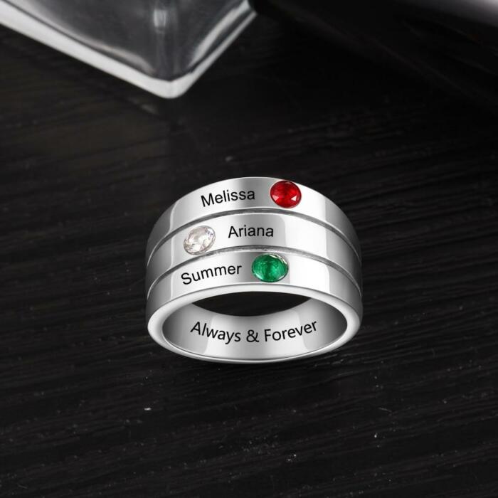 Personalized 3 Birthstones Custom Engraved Name Stackable Rings, Fashion Jewelry Gift for Women