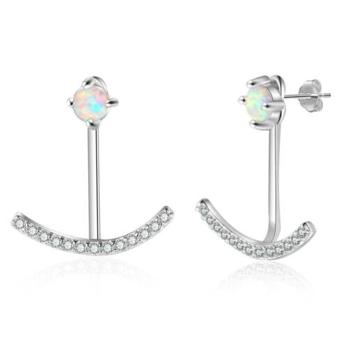Women Sterling Silver Elegant Cubic Zirconia Stud Earrings with Round White Opal