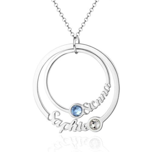 Personalized Sterling Silver Necklace - Two Custom Names & Birthstones - Double Circle Pendant Necklace