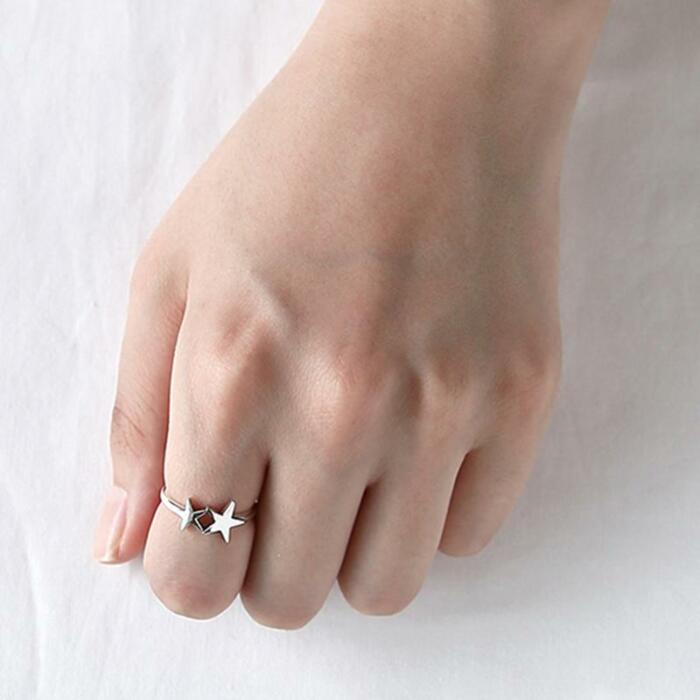 925 Sterling Silver Double Shining Stars Adjustable Ring, Trendy Style Gift for Women