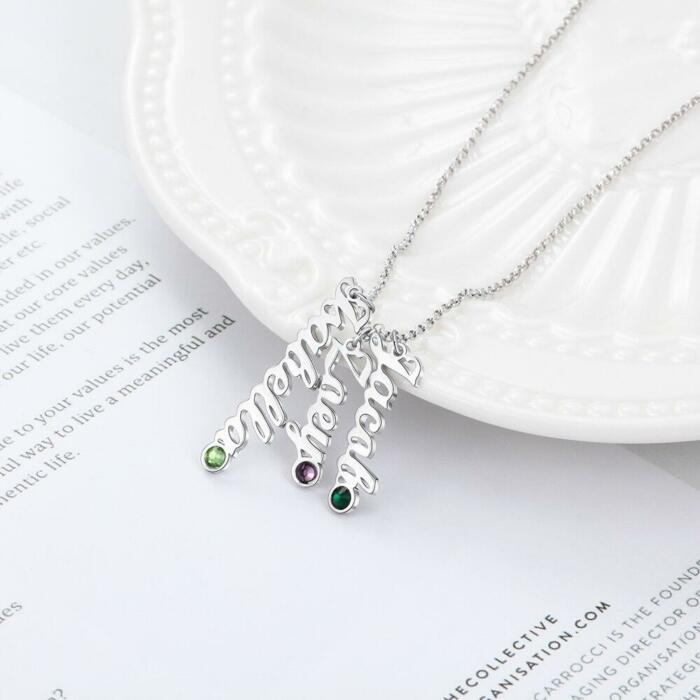 Personalized Sterling Silver Vertical Nameplate Necklace, Customizable 3 Birthstone Pendant, Classic Gift for Mom