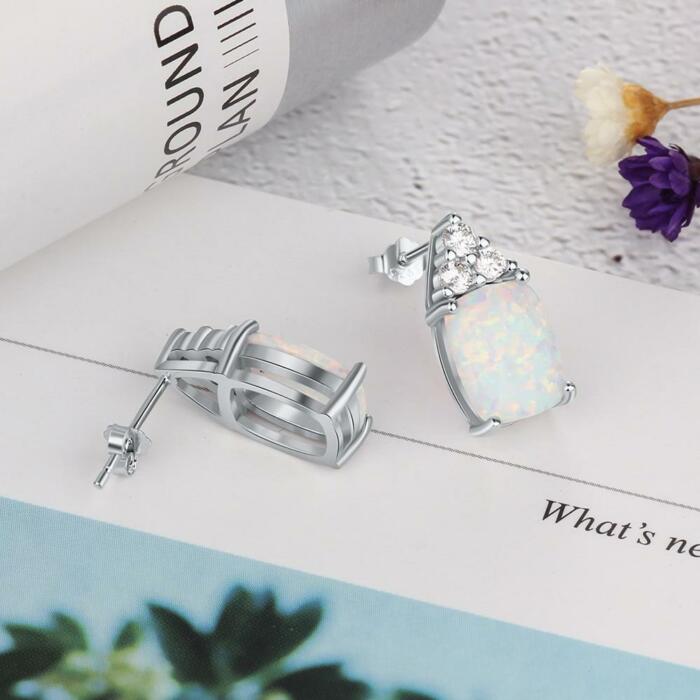 925 Sterling Silver Stud Earrings - Milky Opal Stone Ear Stud - Cubic Zirconia Stud - Ear Jewelry Accessory for Women - Fashion Jewelry Gift for Women - Perfectly Suitable For Women Of All Ages