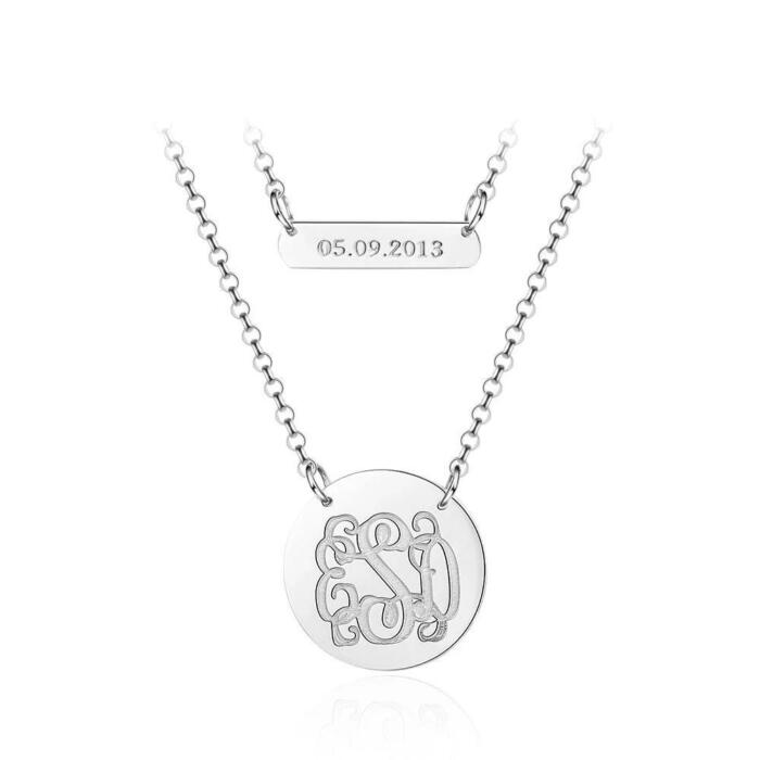 Personalized 925 Sterling Silver Monogram Custom Name & Date Double Chain Necklaces, Gift for Women