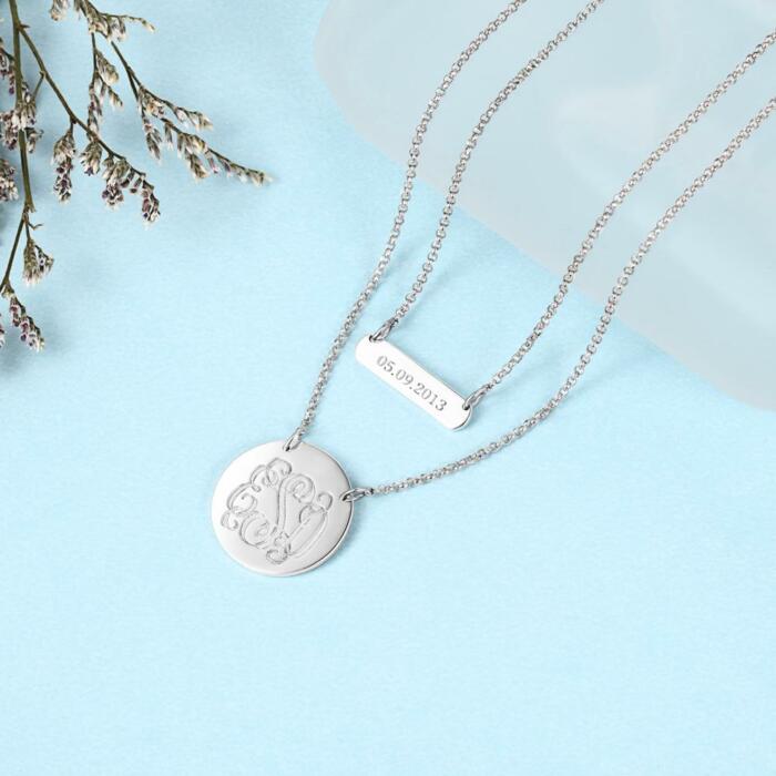 Personalized 925 Sterling Silver Monogram Custom Name & Date Double Chain Necklaces, Gift for Women