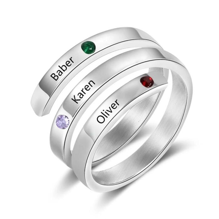 Personalized Stainless Steel Rings for Women - Four Custom Names - Four Custom Birthstones