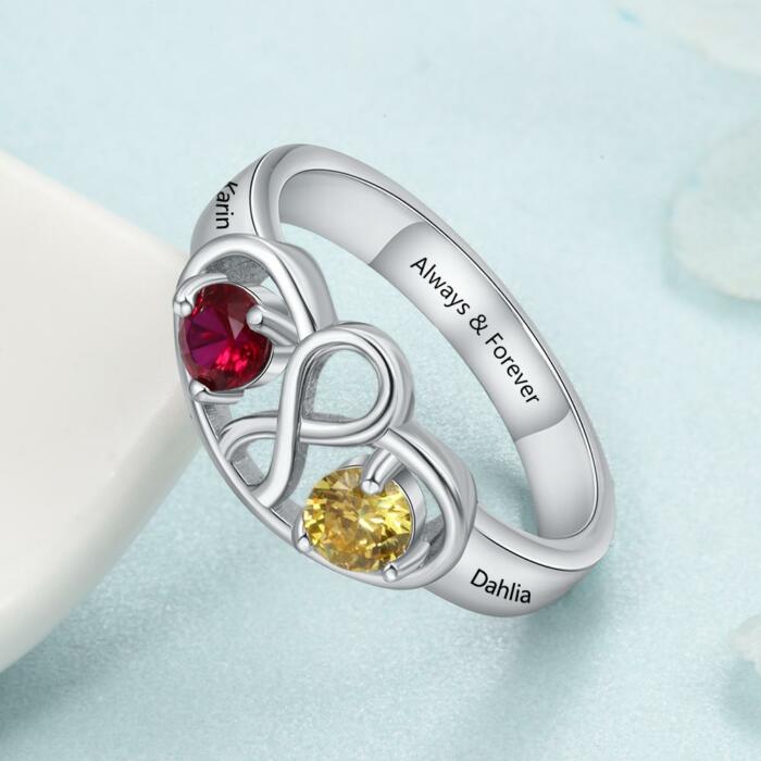 Personalized 925 Sterling Silver Infinity Ring for Women- Custom 2 Birthstone and Name Engraving Promise Ring