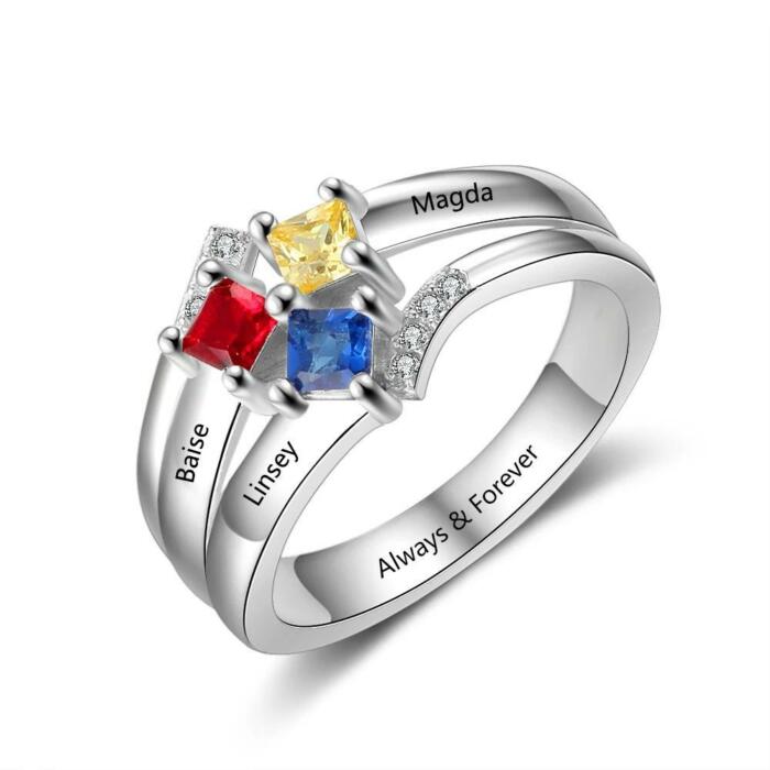 Personalized Sterling Silver Rings - Custom 3 Square Birthstone & 3 Names Family/Friendship Ring