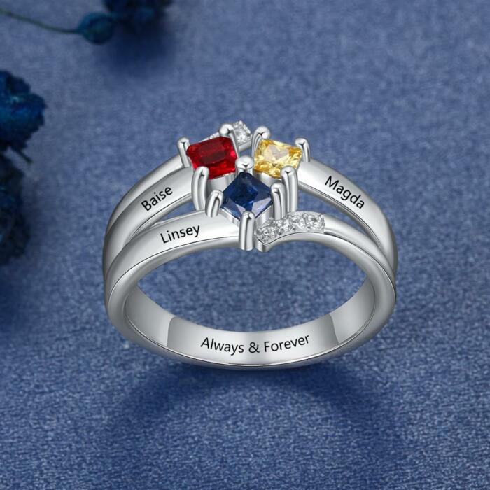 Personalized 925 Sterling Silver Rings for Women- Custom 3 Square Birthstone & 3 Names Family/Friendship Ring