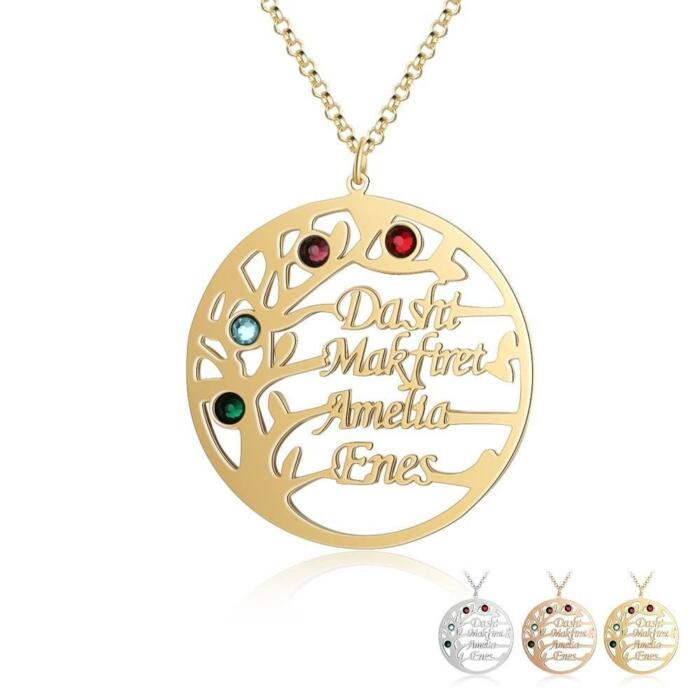 Personalized Family Tree Necklace with Customized Name & 4 Birthstones Gold/Rose Gold Color, Jewelry Gifts for BFF