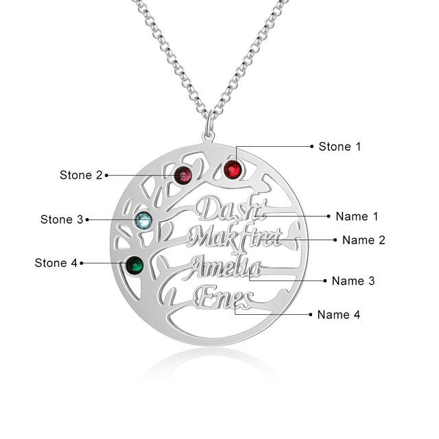 Personalized Family Tree Necklace with Customized Name & 4 Birthstones Gold/Rose Gold Color, Jewelry Gifts for BFF