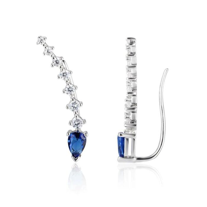 Sterling Silver Water Drop Shape Blue Cubic Zirconia Clip Earrings