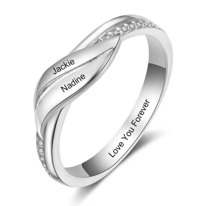 Personalized Stainless-Steel Rings for Women – Engrave 2 Names – Geometric Shape Ring with Zirconia Stones – Trendy Wedding Jewelry