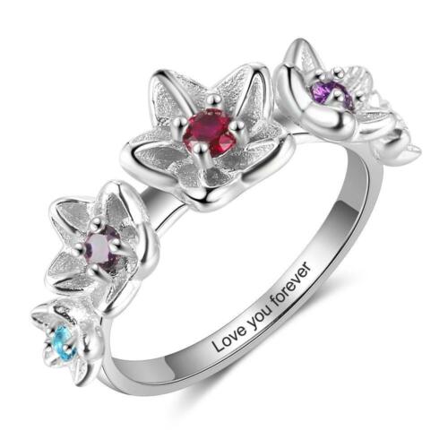 Personalized Sterling Silver Flower Ring - Custom 4 Birthstone and Inner Engraving