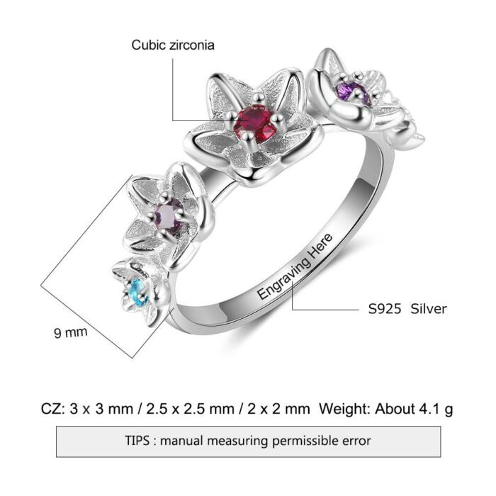 Personalized Sterling Silver Flower Ring for Women- Custom 4 Birthstone and Inner Engraving Ring for Lover