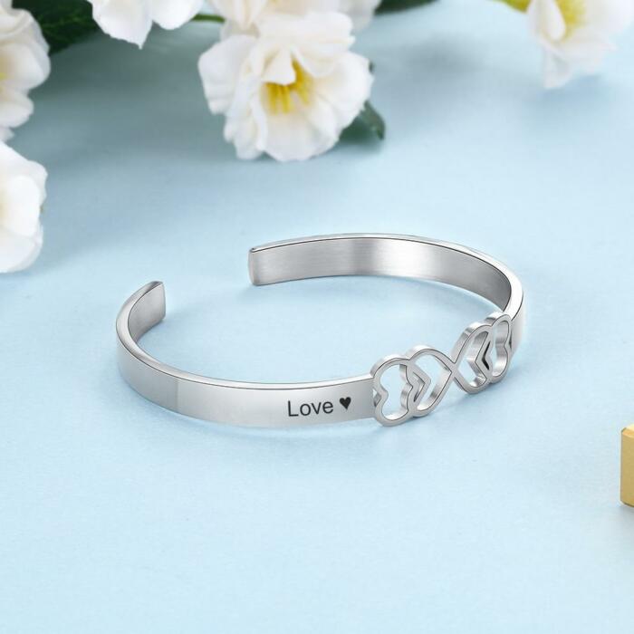 Personalized Stainless Steel Heart Cuff Bangle Bracelets with Engraved Name, Customized Bangle for Women
