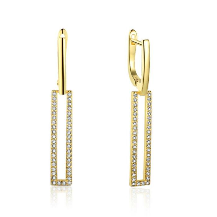 High-Quality Silver Rectangle Shaped Gold Plated Long Dangling Drop Earrings with Cubic Zirconia, Fashion Jewelry for Women
