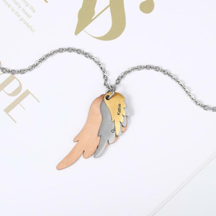 Personalized Wings Necklace with 3 Names Mixed Steel & Rose Gold & Gold Color Custom Family Engraved Necklace