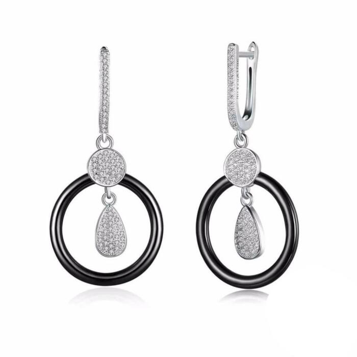 925 Sterling Silver Black Ceramic Round Drop Earring, Water Droplet Style Dangle Jewelry for Women, Gift for Her