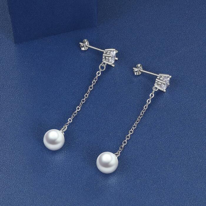 Women’s 925 Sterling Silver Long Tassel Pearl Drop Earrings, Jewelry Gift for Her