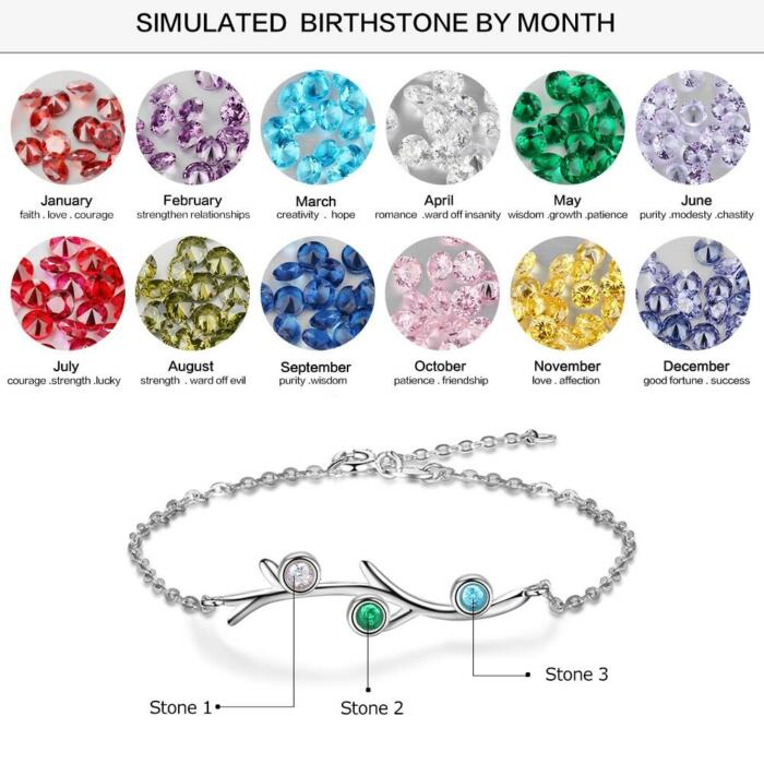 Personalized Women Branch Bracelets with Customized 3 Birthstones, Wedding Gift Jewelry