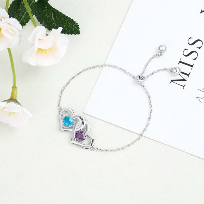 Personalized Adjustable Chain Bracelet with Customized 2 Names Engraved & Heart Birthstone