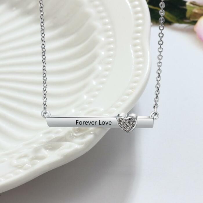 Personalized Silver Name Necklace with Strip with Heart CZ Stone Pendant, Trendy Love Jewelry for Women
