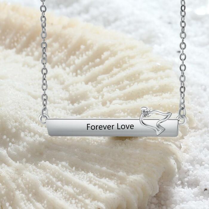Personalized Silver Necklace for Women with Engrave Name Strip with Bird Pendant, Trendy Jewelry