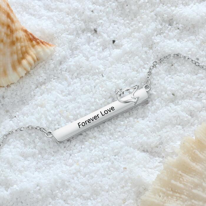 Personalized Silver Necklace for Women with Engrave Name Strip with Bird Pendant, Trendy Jewelry