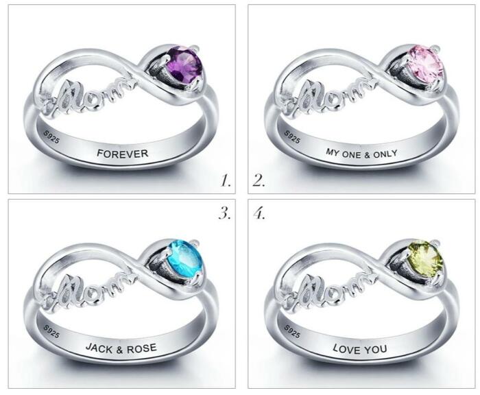 Personalized Sterling Silver Name Engraved & Birthstone Mom Rings
