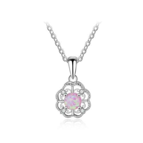 Sterling Silver Hollow Out Flower Pink Opal Pendant Necklace, Jewelry Gift for Women