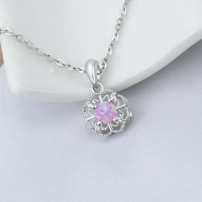 Sterling Silver Hollow Out Flower Pink Opal Pendant Necklace