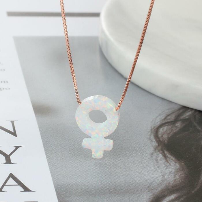 Women’s 925 Sterling Silver Necklace & Female Gender Symbol Pendant with Pink Opal, Trendy Fashion Jewelry with Box Chain