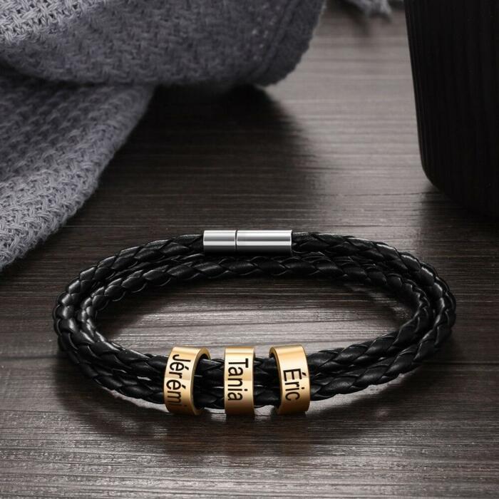 Personalized Multilayer Leather Bracelet - Genuine Black PU Leather Vintage Name Beads Braided Band - Best Gift for Christmas, Birthday, & Anniversary