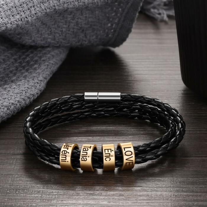 Personalized Multilayer Leather Bracelet - Genuine Black PU Leather Vintage Name Beads Braided Band - Best Gift for Christmas, Birthday, & Anniversary