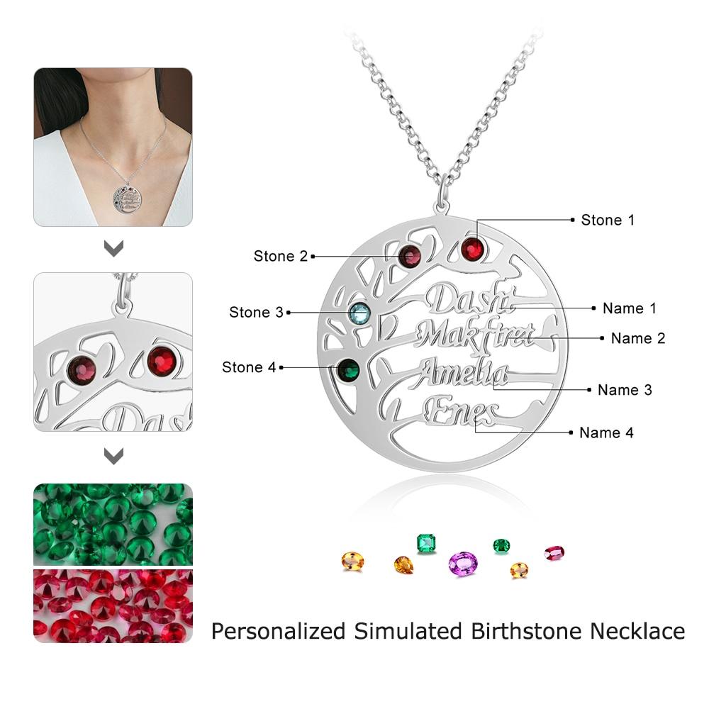 4 Simulated Stone Engravable Family Tree Necklace