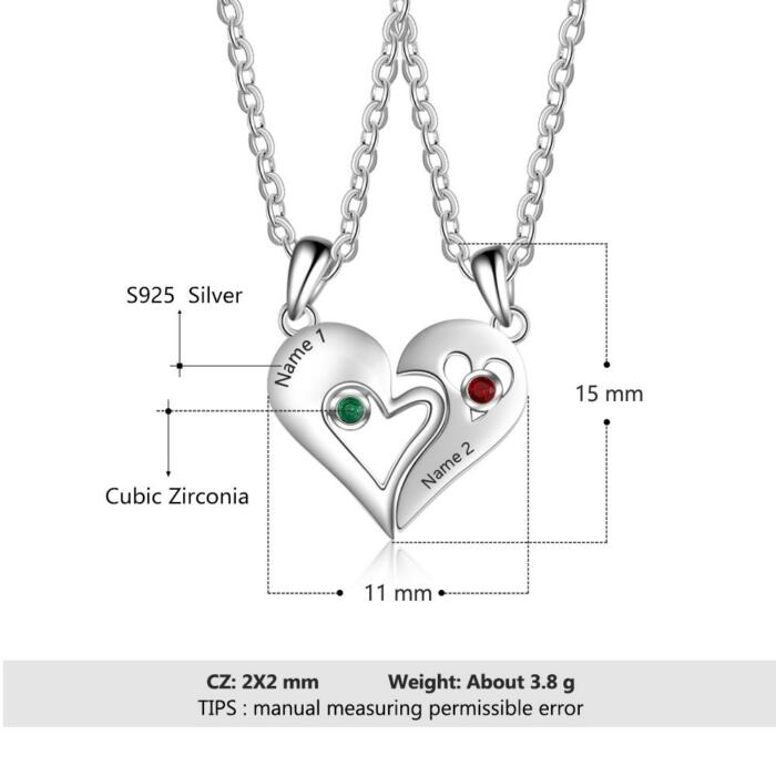 Personalized 925 Sterling Silver Necklace with 2Pcs/Set Merge Heart Shape Name & Birthstones Pendant, Trendy Lovers’ Jewelry