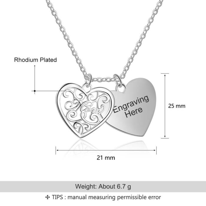Personalized Silver Engraved Name Necklace with Double Layer Heart Pattern Pendant, Trendy Women's Jewelry, Gift for Mom