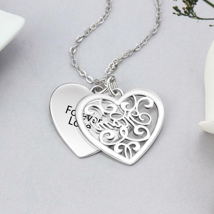Personalized Silver Name Engraved Necklace with Double Layer Heart Pattern Pendant