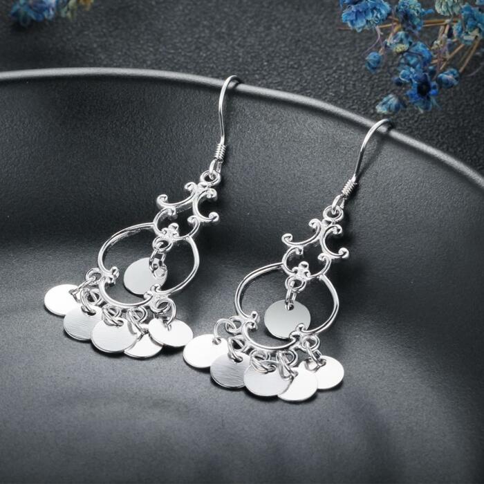 Women Sterling Silver Ethnic Style Round Shaped Drop Earrings