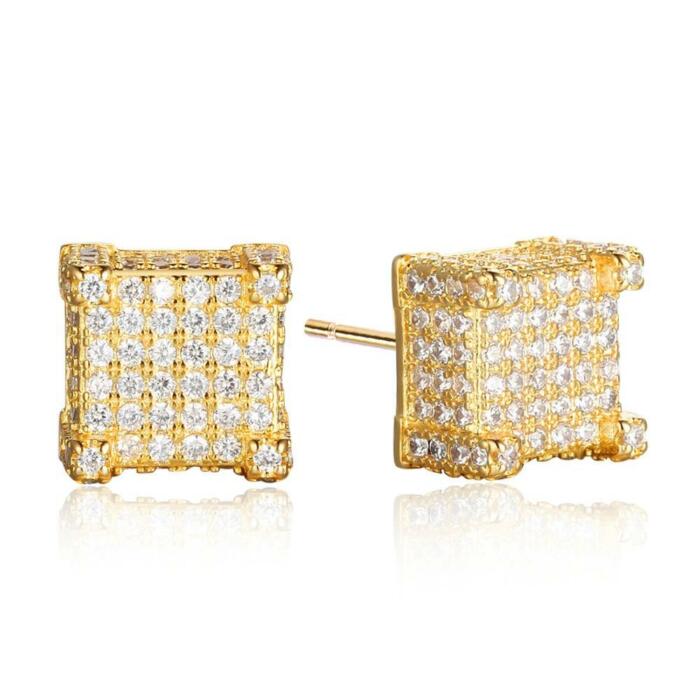 Square Shape Ear Stud - Women Cubic Zirconia Stud Earring - Gold Color Stud Earring - Trendy Earring Collection - Nickel & Lead-Free Earring Jewelry - Fashion Party Jewelry Earrings For Women