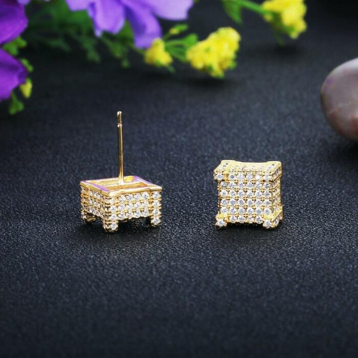 Square Shape Ear Stud - Women Cubic Zirconia Stud Earring - Gold Color Stud Earring - Trendy Earring Collection - Nickel & Lead-Free Earring Jewelry - Fashion Party Jewelry Earrings For Women
