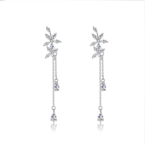 Trendy Flower Pattern with Long Tassels Drop Earrings for Women, Rhodium Plated Silver, Fashion Jewelry Gift