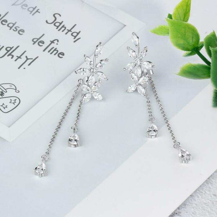 Trendy Flower Pattern with Long Tassels Drop Earrings for Women, Rhodium Plated Silver, Fashion Jewelry Gift