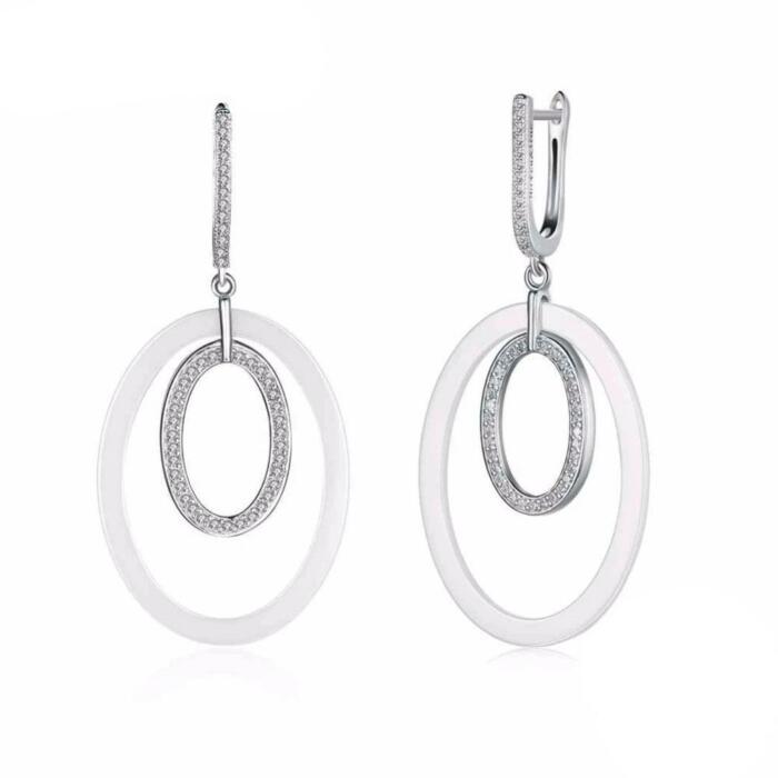 Sterling Silver Drop Earrings - Ellipse Style Ceramic Dangle Earring