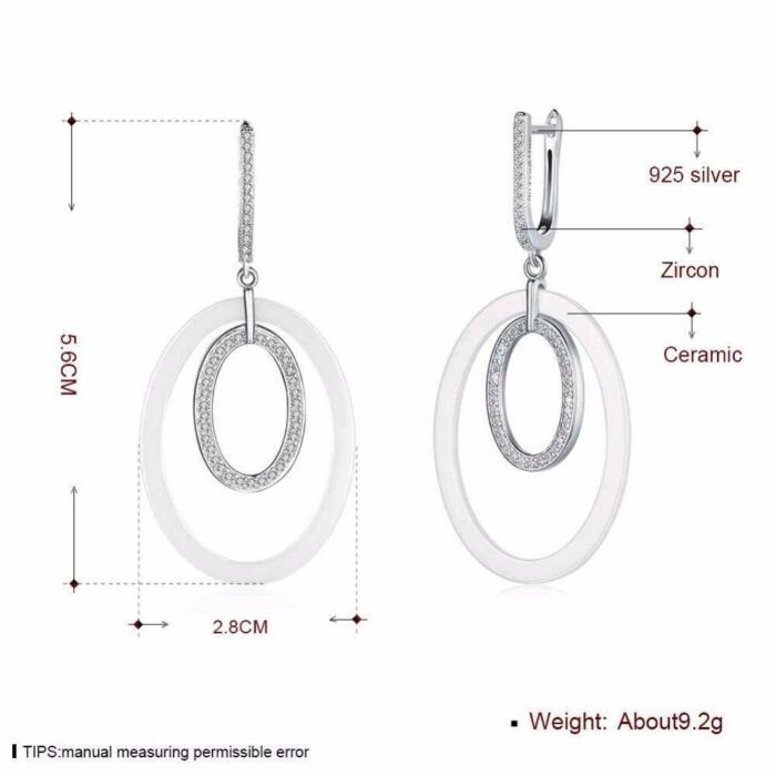 Sterling Silver Drop Earrings - Ellipse Style Ceramic Dangle Earring