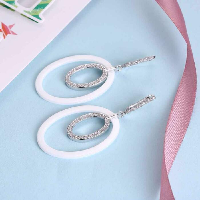 925 Sterling Silver Drop Earrings - Ellipse Style Ceramic Dangle Earring - Trendy Fashion Earring Jewelry - Micro-Inserted Zircon Eardrop Gift - Perfect Jewelry Collection For Girls Of All Ages